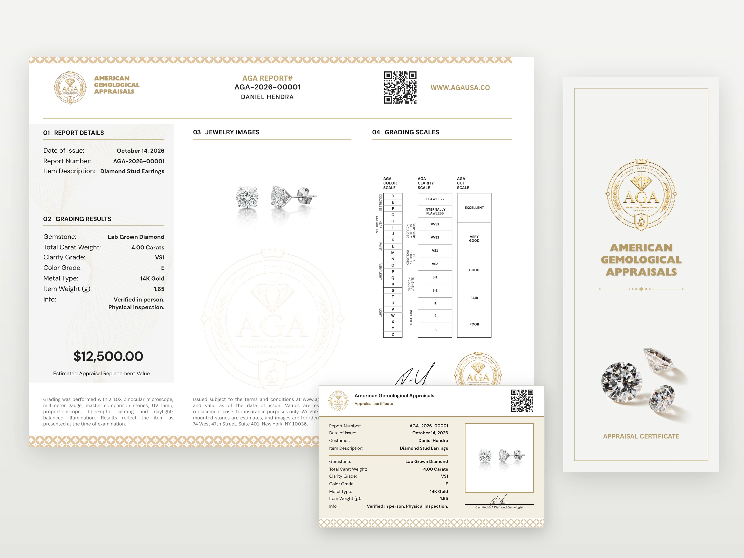 Sample AGA appraisal certificate suite: cover, inner report page and wallet card